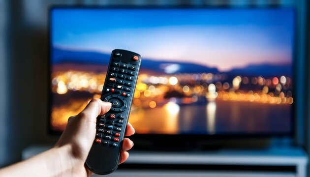 tv movie stream watching film catalogue streaming service content selection vod subscription choosing series from library mockup in screen remote control closeup television night at home