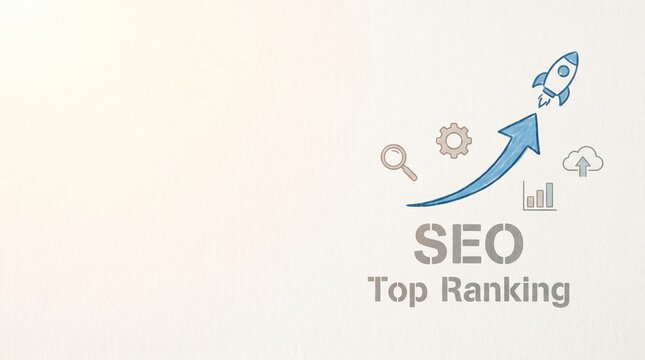 SEO top-ranking business concept with stencil text, blue arrow, rocket launch, and large copy space on a light textured paper background