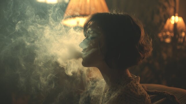 Woman exhaling smoke indoor