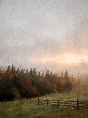 A tranquil impressionist painting depicting a sunrise over rolling misty fields with scattered trees and a wooden fence, evoking a peaceful countryside atmosphere in soft watercolor tones. © Vectarica