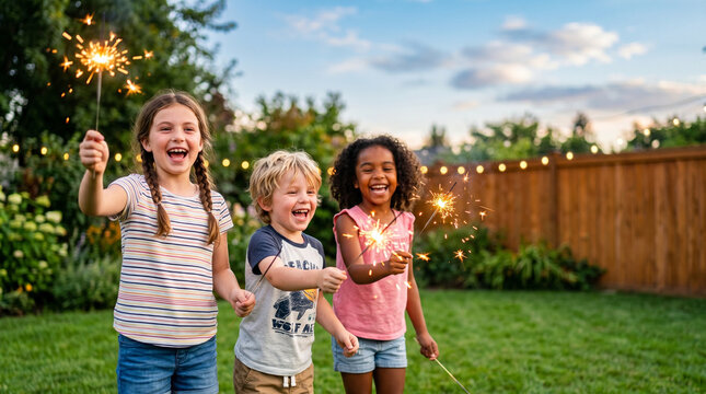 Three children smiling and playing with sparklers in backyard for Independence Day of the United States  