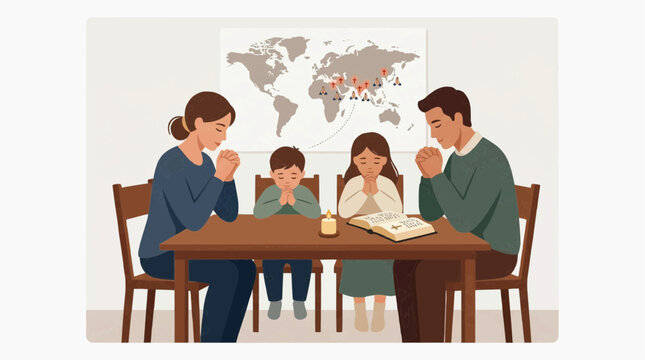 A family of four praying together around a table with a Bible open. A map of the world hangs on the wall behind them, marked with red pins