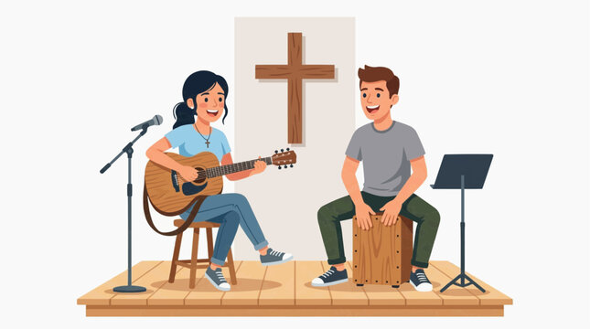 A young man and woman performing music together in front of a wooden cross. The woman plays an acoustic guitar while sitting, and the man plays a cajon drum.