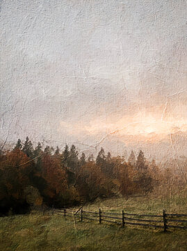 A tranquil impressionist painting depicting a sunrise over rolling misty fields with scattered trees and a wooden fence, evoking a peaceful countryside atmosphere in soft watercolor tones.