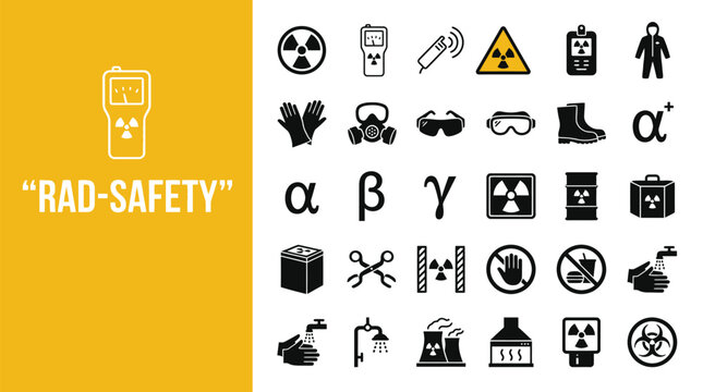 Professional set of radiation safety icons depicting protective gear and warning signs for nuclear energy plants