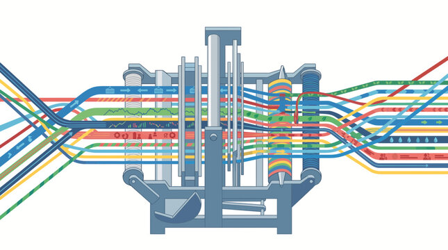 An intricate illustration of a complex machine processing multiple colorful data streams, resembling a digital loom or network hub.