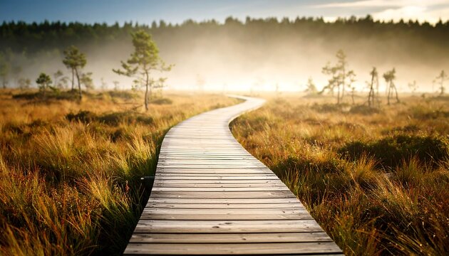 Wooden pathway curves through a marshy landscape. Tall grasses and small trees line the trail; sunlit fog hangs in the background