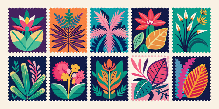 A collection of retro-style postage stamps featuring colorful, minimalist illustrations of tropical leaves, exotic flowers, and vibrant botanical patterns.