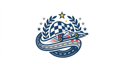 Racing Car Victory Emblem with Checkered Flag and Laurel Wreath. © Putra