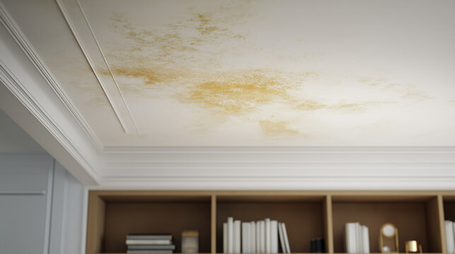 Water leak stain on apartment ceiling. Damaged plaster with yellow mold mark caused by pipe failure. Home interior maintenance problem, property repair and housing insurance concept.