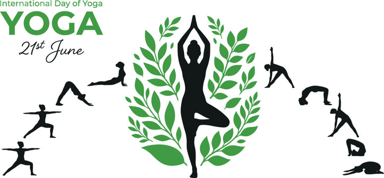 International day of yoga silhouette poster with various yoga poses