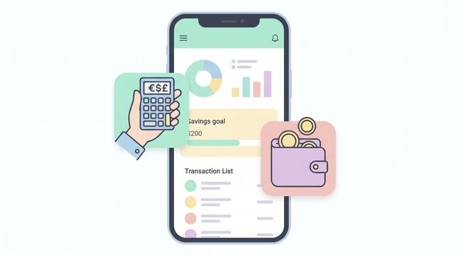 Digital finance app on smartphone for budgeting and saving goals. Calculator and wallet icons illustrate personal money management, expense tracking, and financial planning