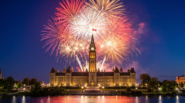 Fireworks over Parliament Hill celebrating Canada Day at night  