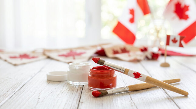 Painting supplies and Canadian flags on table for Canada Day celebration  