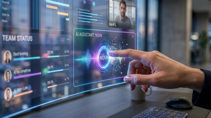 Fototapeta premium Human hand interacting with digital AI interface close up