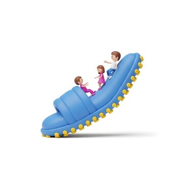 Family characters sliding on a giant blue house slipper