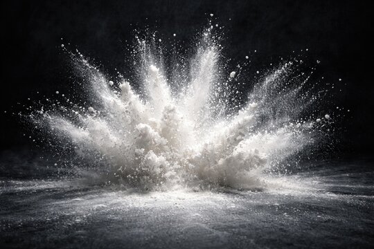 White powder burst paused midair over a shadowy textured surface