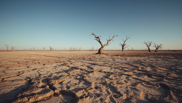 Barren sandy terrain with few acacia trees demonstrating drought induced erosion
