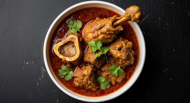 A bowl of spicy indian mutton curry with bone marrow and chicken leg piece