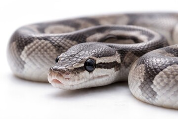 Fototapeta premium Macro shot of a ball python with pewter colored skin over a bright white surface
