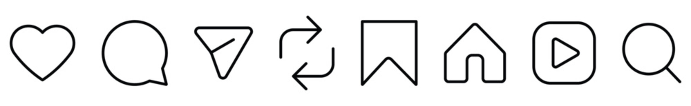 Instagram notification outline icon set. like, comment, repost, share and save, isolated on transparent background.