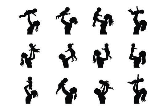 Lifting and carrying children silhouettes showcase affection and playful moments between adults and kids in dynamic poses for family themed designs
