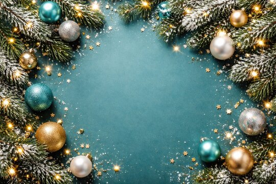 Teal background holiday flat lay with bright baubles and fir branches ample copy space