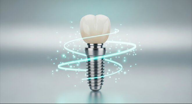 Professional dental implant model with glowing light effect for dentistry