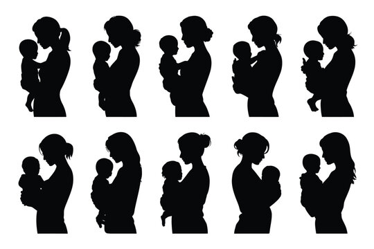 Ten diverse silhouette illustrations of tender mother and child moments showcasing intimate bonding in various affectionate poses against a clean white background