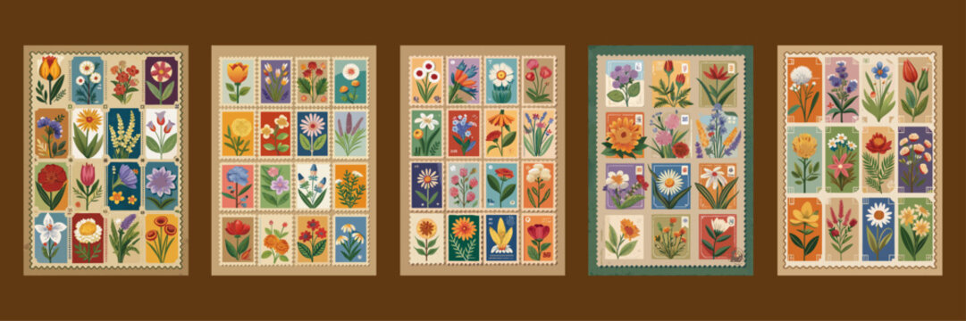 A mega collection of vintage-style floral poster templates, featuring minimalist and geometric illustrations of diverse garden flowers and botanical motifs.