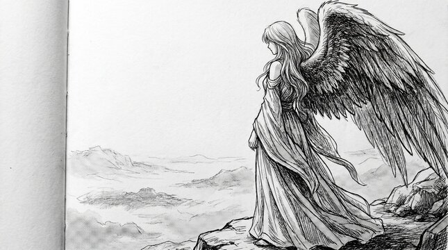 An angel standing on a cliff looks down at a serene landscape with mountains.