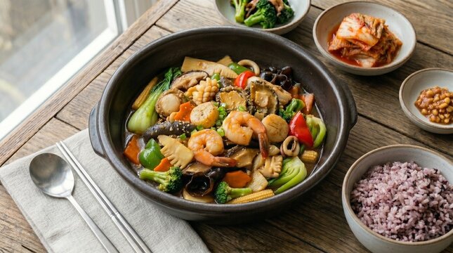 An angled close up of a ceramic clay pot filled with Palbochae stir-fried seafood, prawns, and abalone, served with purple multigrain rice, banchan, and metal utensils on a wooden table.