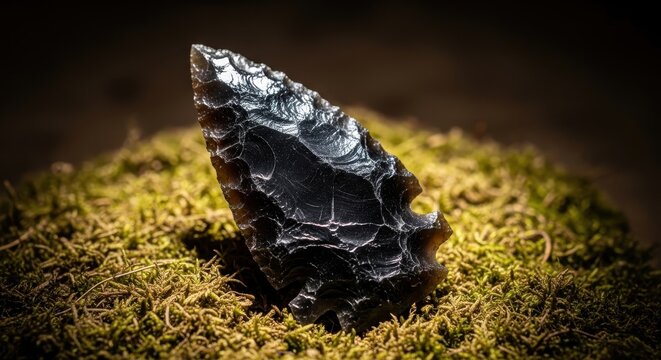 Polished Obsidian Arrowhead Displayed Against Natural Background