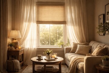 Fototapeta premium Inviting room scene featuring a window framed by billowy curtains and a partially lowered blind to enhance comfort