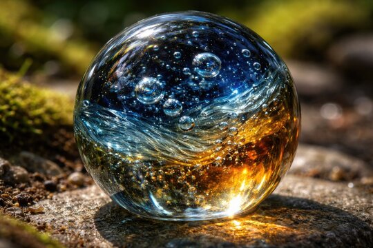 Macro photography of a two toned glass paperweight highlighting air bubbles and distinctive glass irregularities in a natural outdoor location