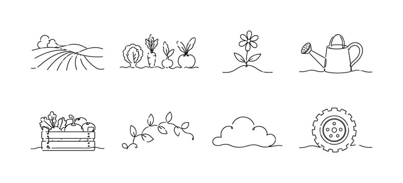 "Rural Agriculture Landscape". Minimalistic set one-line drawing [cultivated field, vegetable patch, flower sprout, watering pot, farm crate, leafy vine, cloud outline, tractor wheel], continuous
