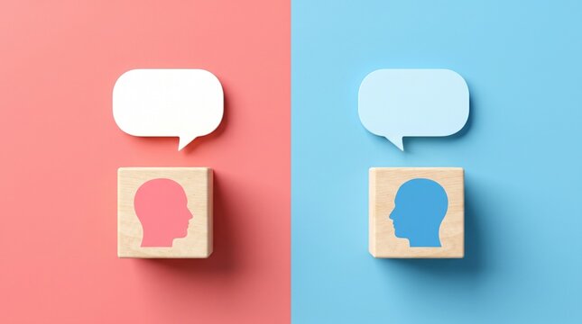 Conceptual communication icons on wooden blocks, pink and blue background with speech bubbles, human head profile symbols for dialogue and social interaction