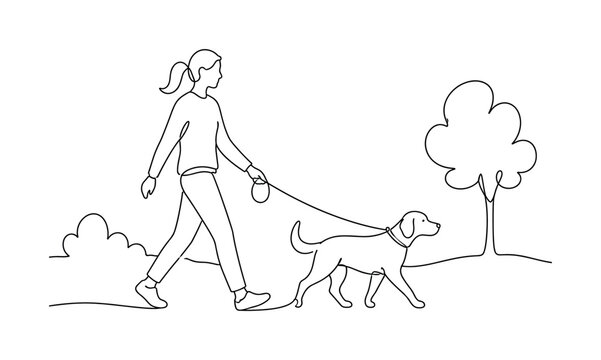 "Pet Leash Walk". Minimalistic one-line drawing person walking a dog on a leash in simple outdoor setting,
