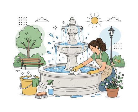 Outdoor Water Feature Cleaning. Woman carefully cleaning a stone fountain in a sunny park, wiping surfaces