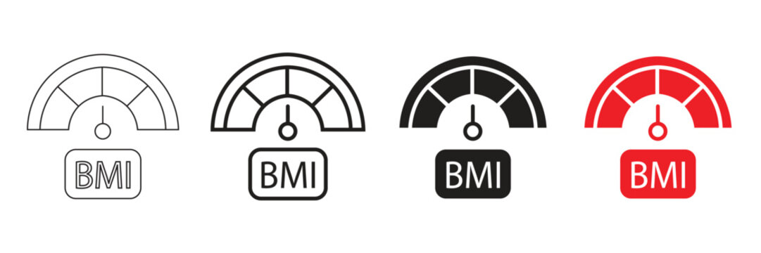 Set of four body mass index bmi gauge icons representing health status with different styles including outline, line art, silhouette, and red indicator for healthy weight concept