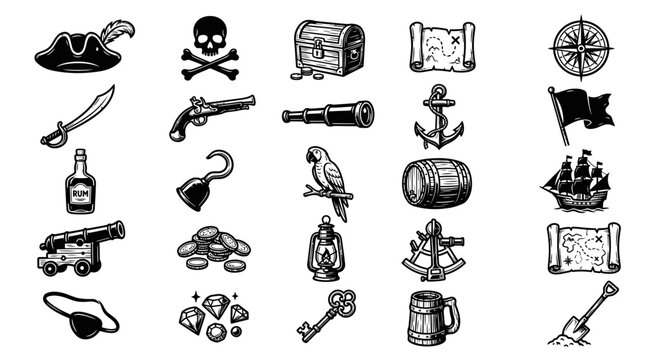Pirate symbols and treasure icons set.