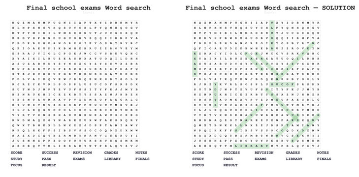 Expert difficulty 25x25 grid word search puzzle. Education and testing theme featuring hidden words like exams and study. Printable academic worksheet and brain teaser game template