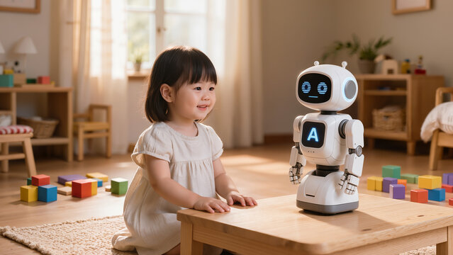Toddler girl learning with friendly robot teacher in playroom. Early childhood ai education. Smart tutoring and child development. Future learning technology campaign.