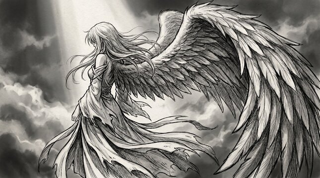 A mystical female figure with large wings stands in cloudy skies under a beam of light.