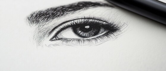 Obraz premium Detailed pen and ink eye drawing monochrome illustration close up view black and white fine art