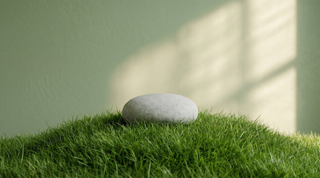 A single smooth white river stone rests peacefully upon a lush patch of vibrant green grass