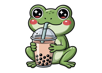 Fototapeta premium Cute cartoon frog drinking bubble tea with straw on transparent background.
