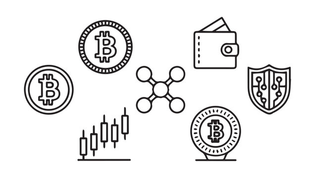 Cryptocurrency symbols bitcoin wallet security and blockchain technology illustrated in linear style