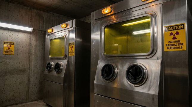 Gleaming Lead Lined Containment Units with Shielded Windows and Glove Ports in a Laboratory Setting