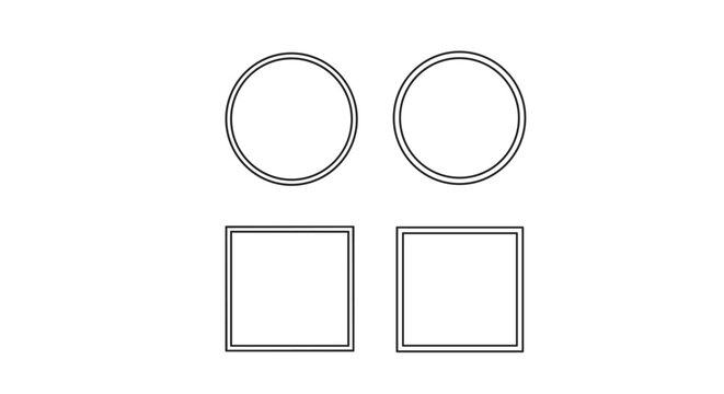 Group of four basic geometric shapes consisting of two double lined circles and two double lined squares in a grid.